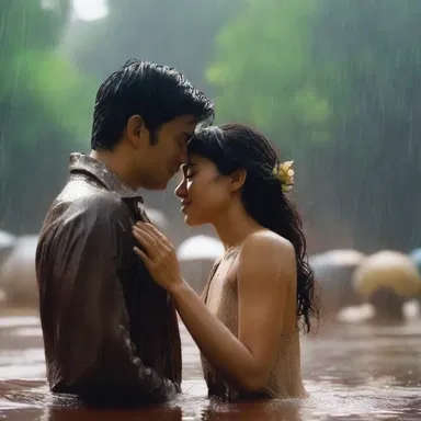 In the romantic movie, the couple shares a tender moment under a soft sparge of rain as they confess their love for each other.