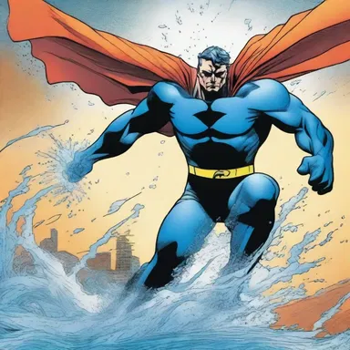 The superhero comic book panel depicts the villain being defeated by a sparge of water from the hero's power.