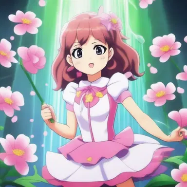 The animated series features a scene where the magical girl uses her wand to perform a sparge and create a shower of flowers.