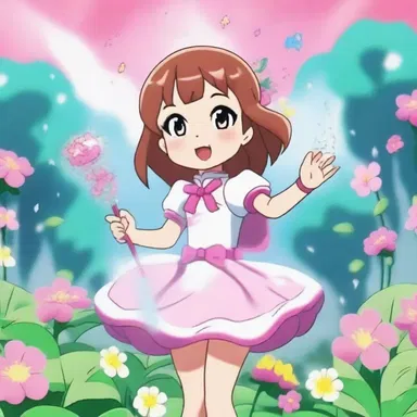 The animated series features a scene where the magical girl uses her wand to perform a sparge and create a shower of flowers.