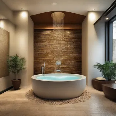 The luxurious spa has a stunning indoor fountain that creates a beautiful sparge of water, adding a calming and elegant touch to the space.