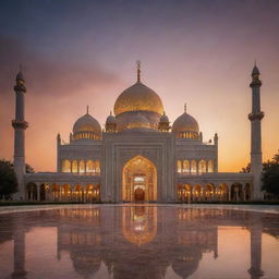 A radiant mosque made entirely of brilliant, sparkling diamonds, basking under the grandeur of a sunset sky.