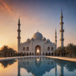 A radiant mosque made entirely of brilliant, sparkling diamonds, basking under the grandeur of a sunset sky.