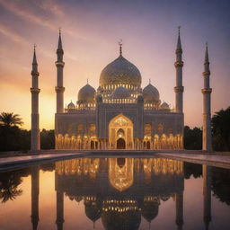 A radiant mosque made entirely of brilliant, sparkling diamonds, basking under the grandeur of a sunset sky.