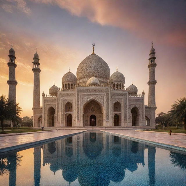 A radiant mosque made entirely of brilliant, sparkling diamonds, basking under the grandeur of a sunset sky.