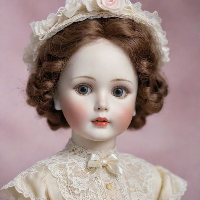 A beautifully detailed, antique porcelain doll with shiny glass eyes, perfectly painted rosebud lips, and dressed in a Victorian style gown with intricate lace detailing.