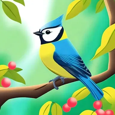 In the animated cartoon, the blue tit chirped happily as it flew around the colorful forest.