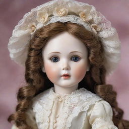 A beautifully detailed, antique porcelain doll with shiny glass eyes, perfectly painted rosebud lips, and dressed in a Victorian style gown with intricate lace detailing.