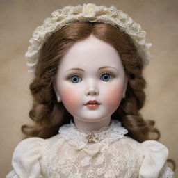 A beautifully detailed, antique porcelain doll with shiny glass eyes, perfectly painted rosebud lips, and dressed in a Victorian style gown with intricate lace detailing.