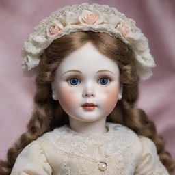 A beautifully detailed, antique porcelain doll with shiny glass eyes, perfectly painted rosebud lips, and dressed in a Victorian style gown with intricate lace detailing.