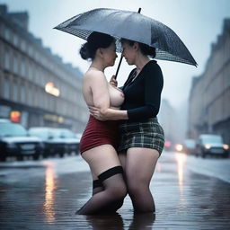 This ultra-realistic, colour photo-like digital art piece showcases two slender women in their 50s amidst a gentle rainfall