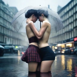 This ultra-realistic, colour photo-like digital art piece showcases two slender women in their 50s amidst a gentle rainfall