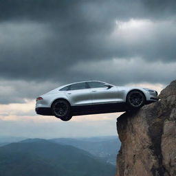 A sleek sedan dangling off a high cliff against a dramatic sky