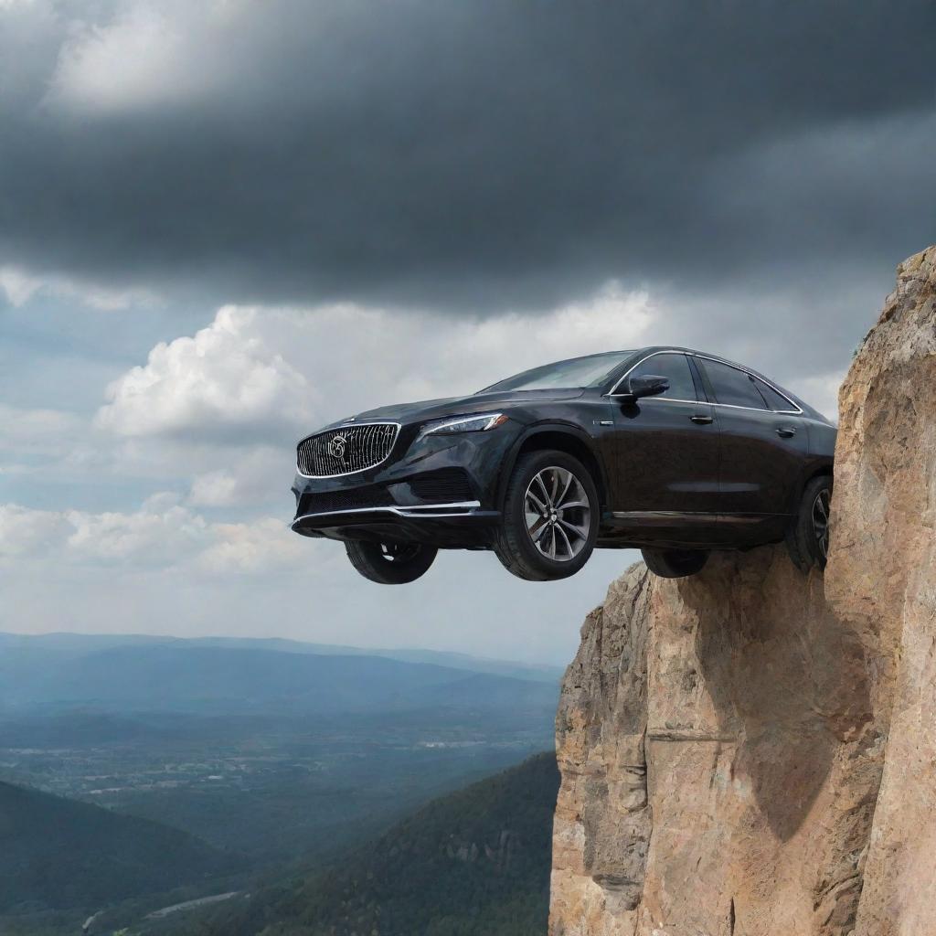 A sleek sedan dangling off a high cliff against a dramatic sky