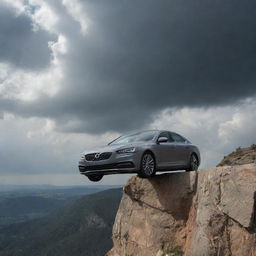 A sleek sedan dangling off a high cliff against a dramatic sky