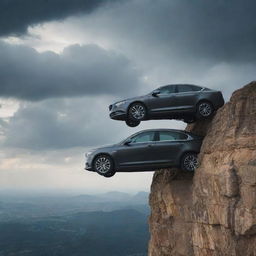 A sleek sedan dangling off a high cliff against a dramatic sky