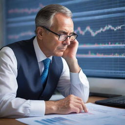 A visionary man deeply engrossed in analyzing the stock market, with data charts and diagrams materializing from his gaze.