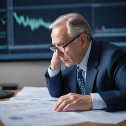 A visionary man deeply engrossed in analyzing the stock market, with data charts and diagrams materializing from his gaze.