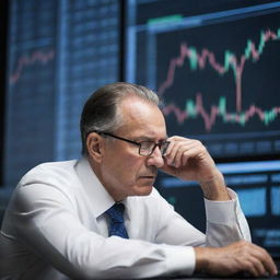 A visionary man deeply engrossed in analyzing the stock market, with data charts and diagrams materializing from his gaze.