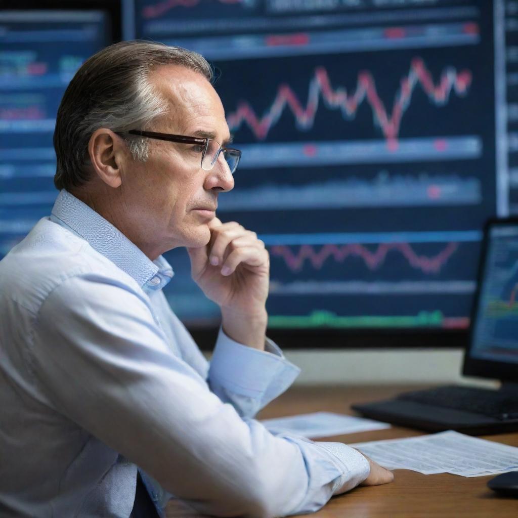 A visionary man deeply engrossed in analyzing the stock market, with data charts and diagrams materializing from his gaze.