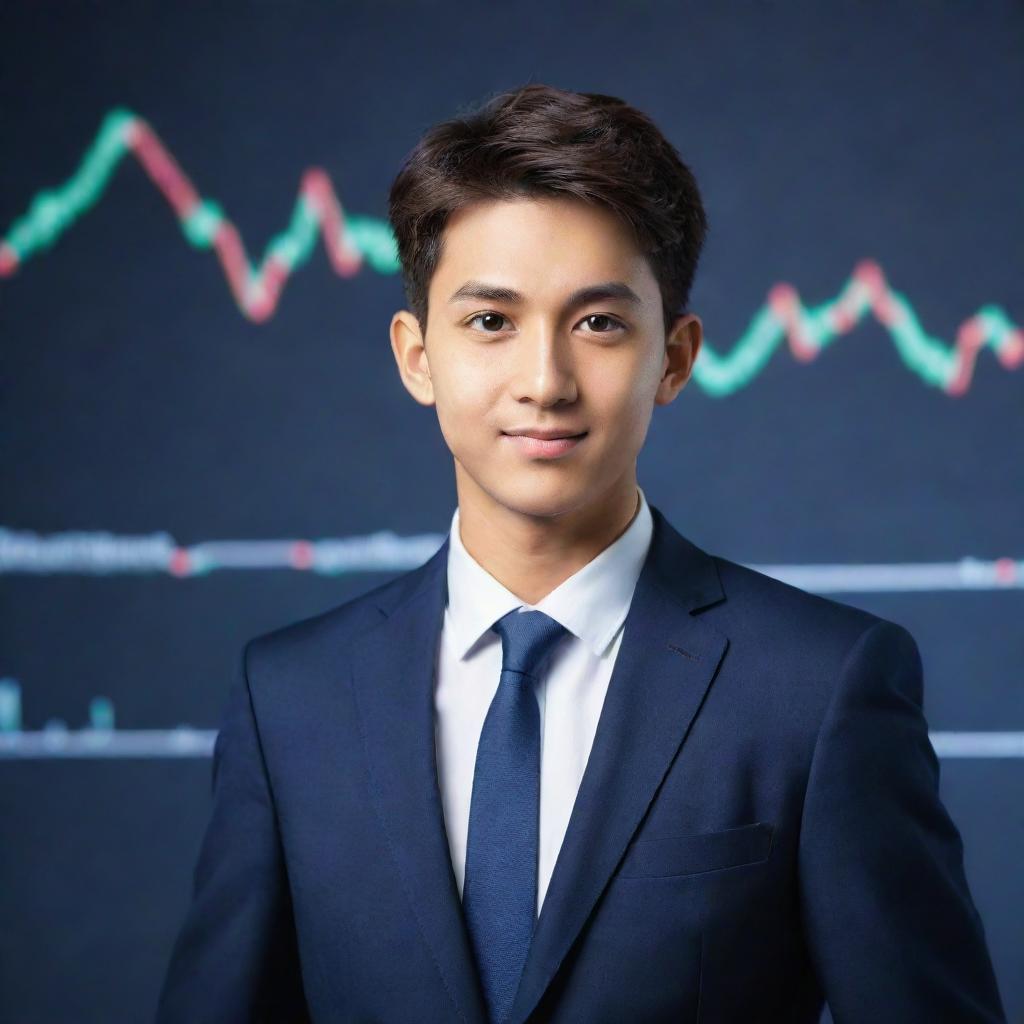 Generate an image of a youthful cartoon character, male, equipped with visual elements symbolizing the stock market.