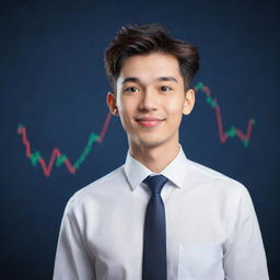 Generate an image of a youthful cartoon character, male, equipped with visual elements symbolizing the stock market.