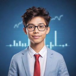 Generate an image of a youthful cartoon character, male, equipped with visual elements symbolizing the stock market.