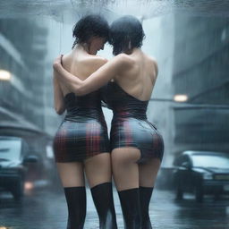 This is an ultra-realistic, colour photo-like digital art piece that captures two slender women in their 50s in the midst of a rain shower