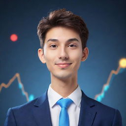 Generate an image of a youthful cartoon character, male, equipped with visual elements symbolizing the stock market.