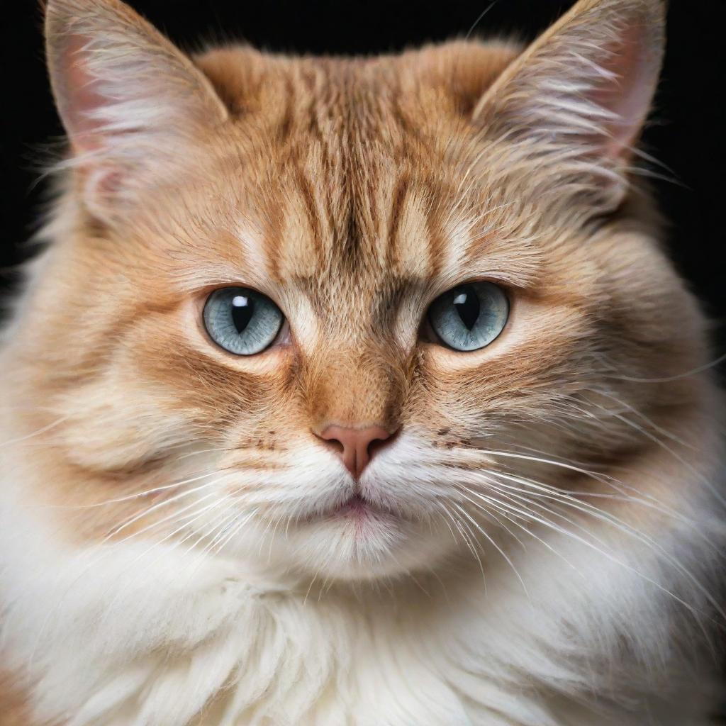 A realistic, intricately detailed image of a cat with sparkling eyes and fluffy fur