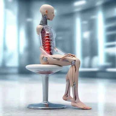In the futuristic science fiction novel, humans have advanced technology implants in their nates that enable them to sit for hours without any discomfort.