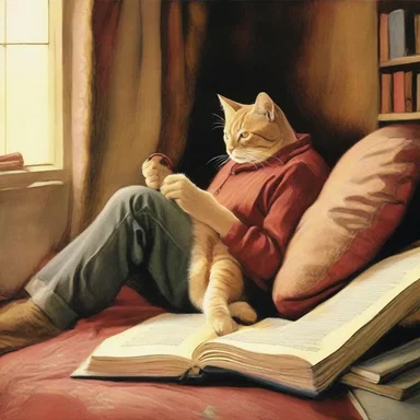 The protagonist of the novel found solace in spending hours reading with his cat curled up comfortably on his nates.