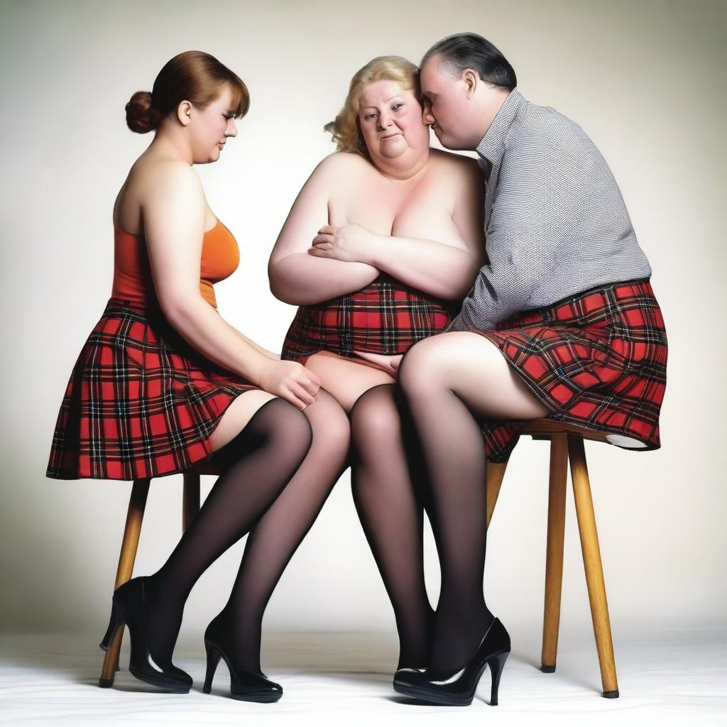 This ultra-realistic digital artwork, reminiscent of a colour photograph, depicts two slender women and one man, all in their 50s