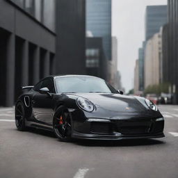 A sleek, detailed image of a Porsche Brabus 911 with a glossy finish, set in an urban environment.