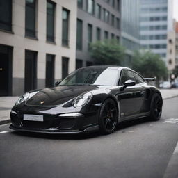 A sleek, detailed image of a Porsche Brabus 911 with a glossy finish, set in an urban environment.