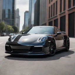 A sleek, detailed image of a Porsche Brabus 911 with a glossy finish, set in an urban environment.