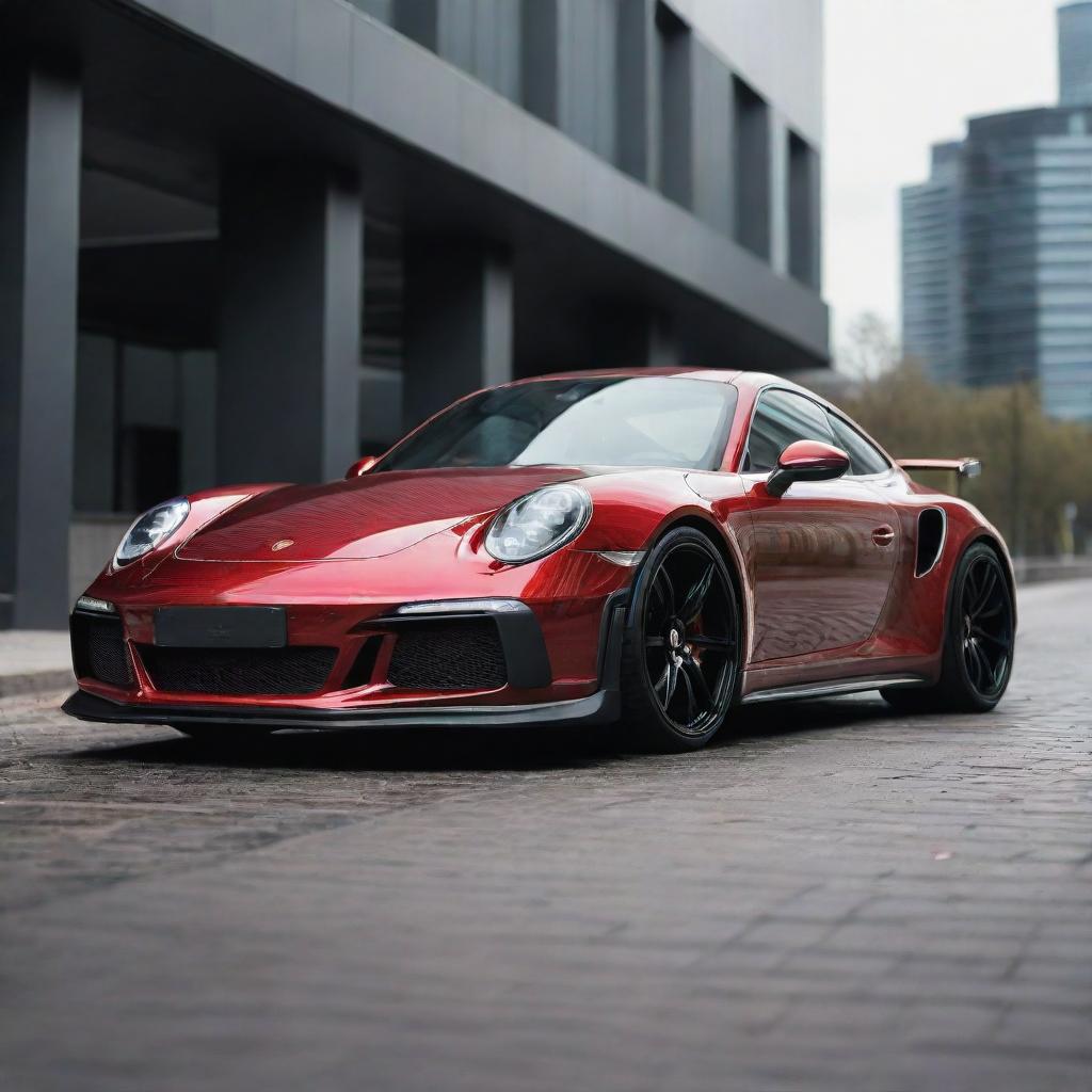 A sleek, detailed image of a Porsche Brabus 911 with a glossy finish, set in an urban environment.