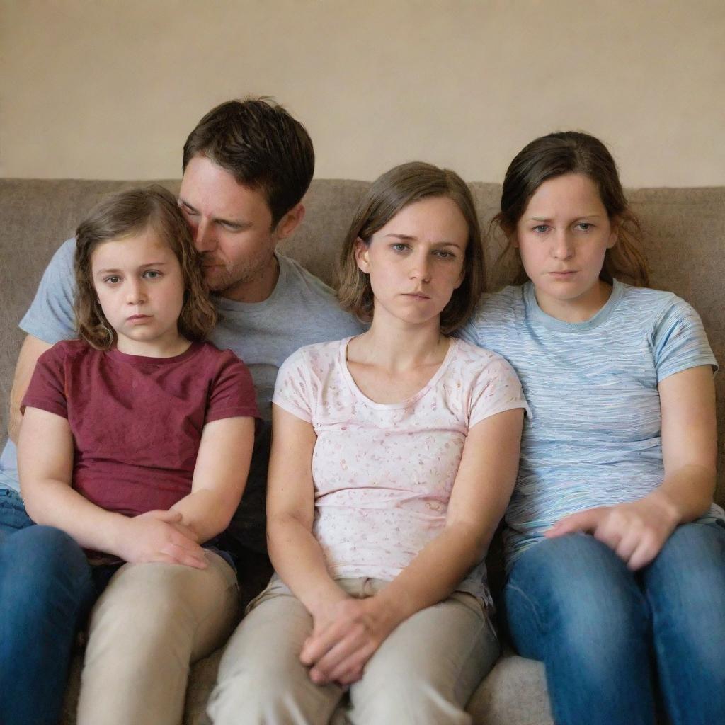 A family of four, seated close together on a living room couch. Everyone has a downcast expression on their faces, reflecting a sad mood.