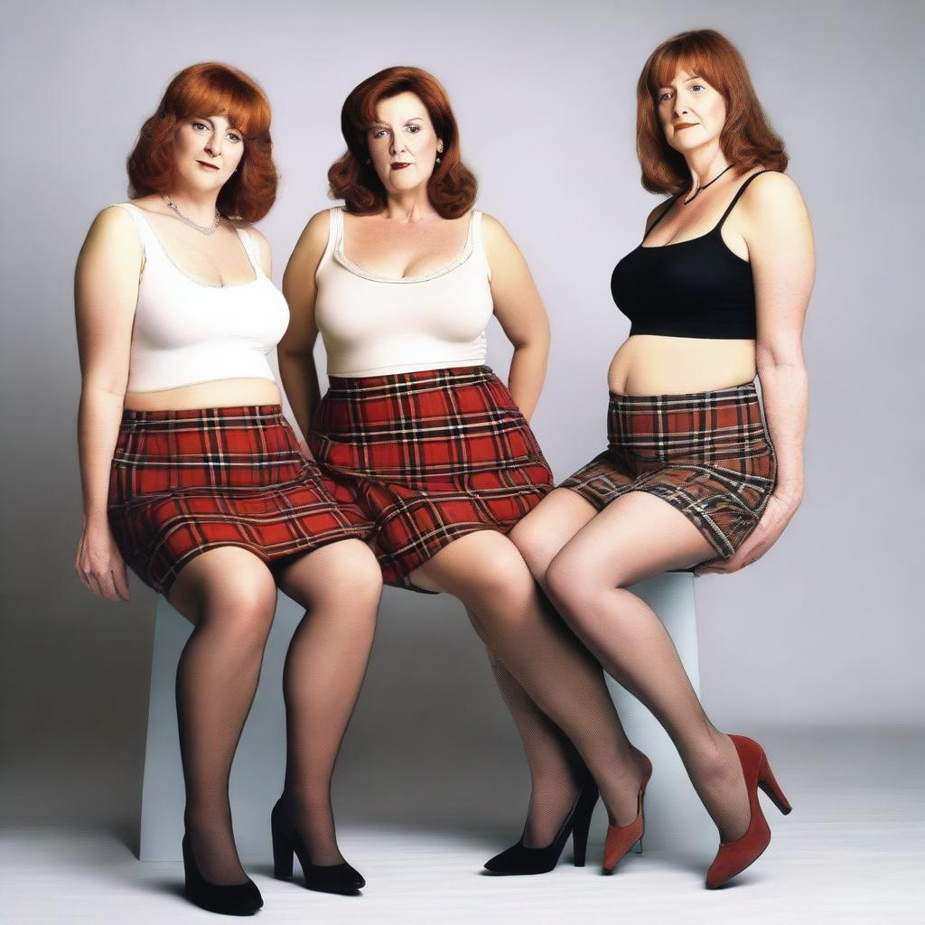 This digital artwork, ultra-realistic and akin to a colour photograph, features two slender women and one trans woman, all aged 50