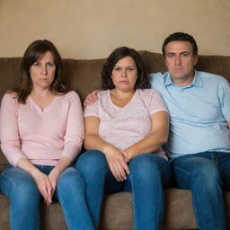 A family of four, seated close together on a living room couch. Everyone has a downcast expression on their faces, reflecting a sad mood.