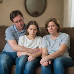 A family of four, seated close together on a living room couch. Everyone has a downcast expression on their faces, reflecting a sad mood.