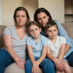 A family of four, seated close together on a living room couch. Everyone has a downcast expression on their faces, reflecting a sad mood.