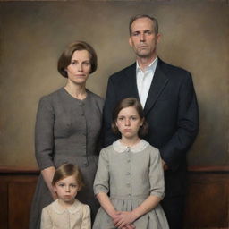 A family portrait depicting solemn expressions, muted colors and a somber atmosphere.