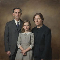 A family portrait depicting solemn expressions, muted colors and a somber atmosphere.