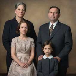 A family portrait depicting solemn expressions, muted colors and a somber atmosphere.