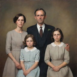 A family portrait depicting solemn expressions, muted colors and a somber atmosphere.