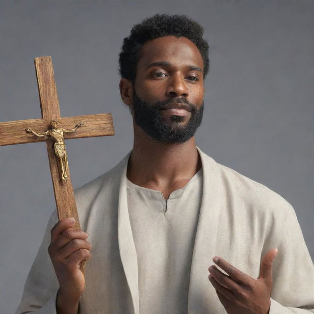 A detailed animated image of a man holding a cross with reverence