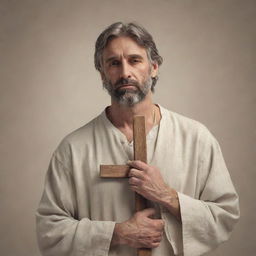 A detailed animated image of a man holding a cross with reverence