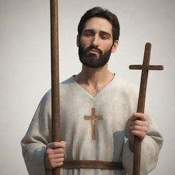 A detailed animated image of a man holding a cross with reverence