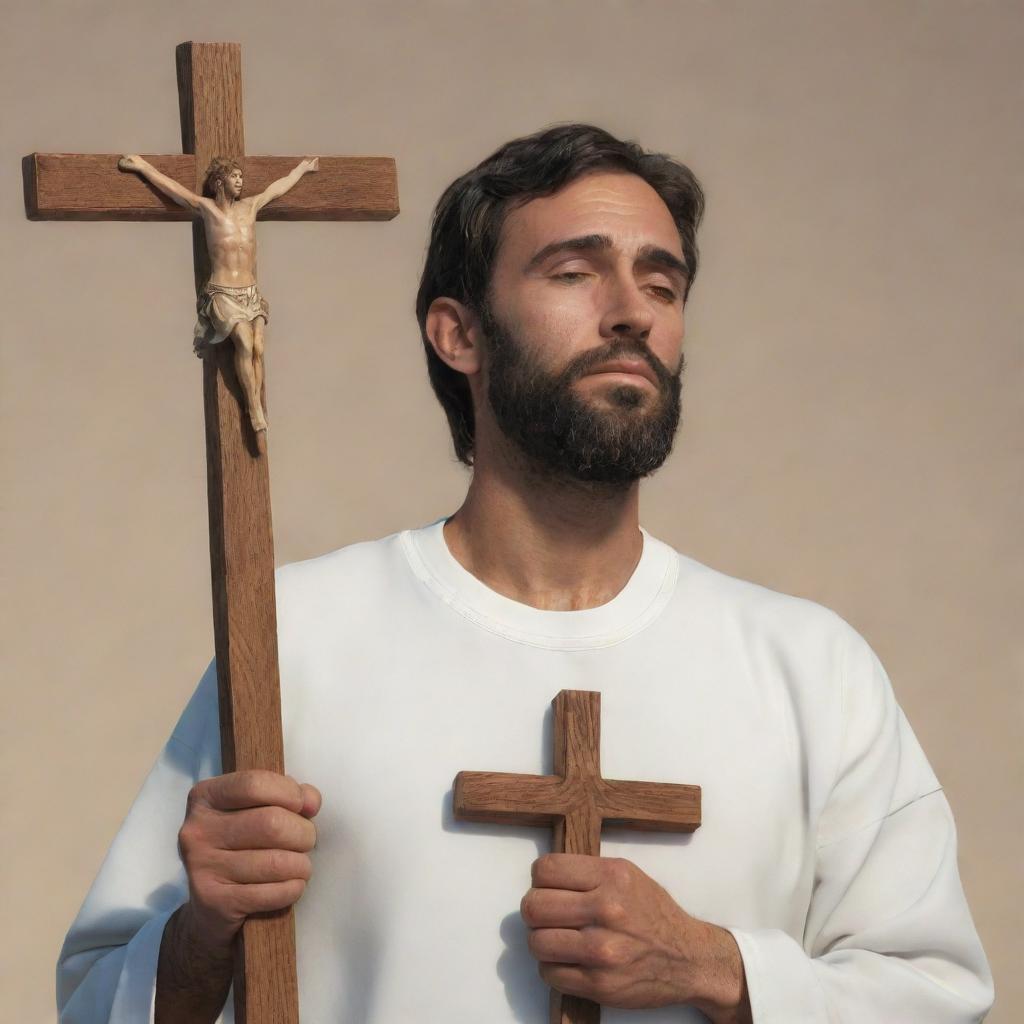 A detailed animated image of a man holding a cross with reverence